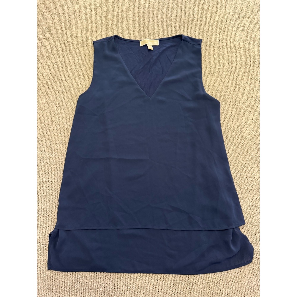 Michael Kors Navy Blue V-Neck Sleeveless Tiered Mixed Media Blouse Large